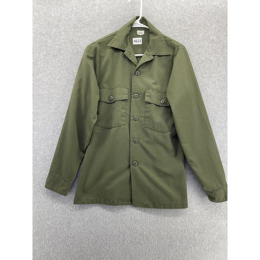 US Military Utility Top Button Front Solid Olive Green Vintage Size 14.5x33